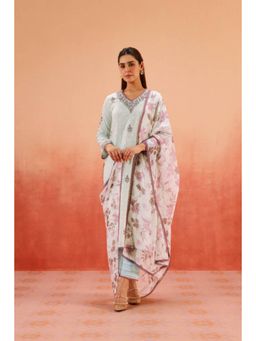 DOHR INDIA - Women Blue Cotton Blend Embroidered Kurta with Pant and Dupatta