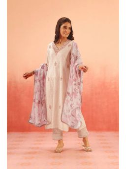 DOHR INDIA - Women Off White Cotton Blend Embroidered Kurta with Pant and Dupatta