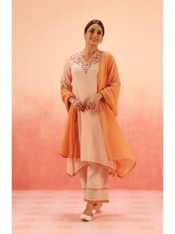 DOHR INDIA - Women Orange Cotton Embroidered Kurta with Palazzo and Dupatta