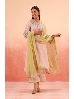 DOHR INDIA - Women Lavender Cotton Embroidered Kurta with Palazzo and Dupatta