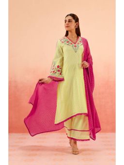 DOHR INDIA - Women Yellow Jacquard Embroidered Kurta with Palazzo and Dupatta