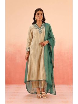 DOHR INDIA - Women Off White Cotton Slub Striped Kurta with Pant and Dupatta