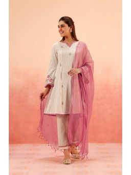 DOHR INDIA - Women Beige Cotton Striped Kurta with Pant and Dupatta