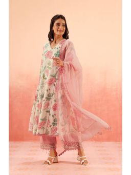 DOHR INDIA - Women Pink Cotton Floral Kurta with Pant and Dupatta