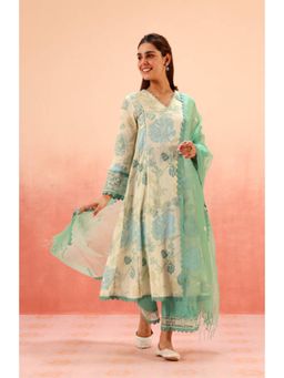 DOHR INDIA - Women Green Cotton Floral Kurta with Pant and Dupatta