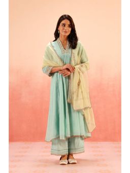 DOHR INDIA - Women Green Silk Embroidered Kurta with Palazzo and Dupatta