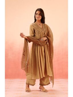 DOHR INDIA - Women Brown Silk Embroidered Anarkali Kurta with Pant and Dupatta