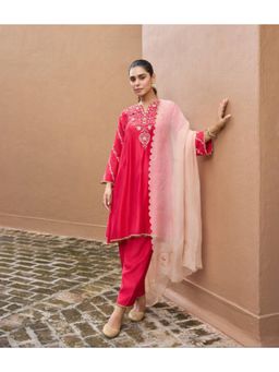 DOHR INDIA - Women Pink Silk Embroidered Kurta with Pant and Dupatta