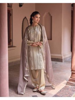 DOHR INDIA - Women Beige Tissue Embroidered Kurta with Pant and Dupatta