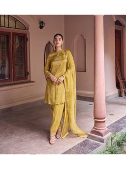 DOHR INDIA - Women Mustard Tissue Embroidered Kurta with Pant and Dupatta