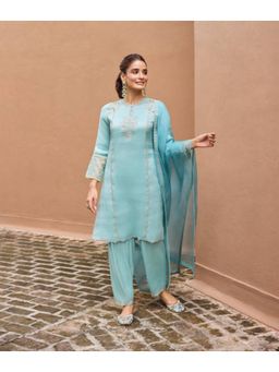 DOHR INDIA - Women Blue Tissue Embroidered Kurta with Salwar and Dupatta