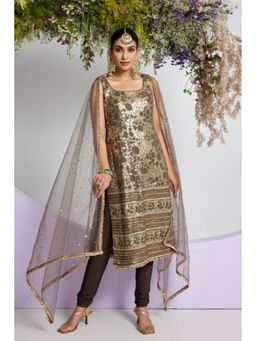 "Two Sisters" by Gyans - Gold Georgette Sequenced Square Neck Kurta With Churidar And Dupatta