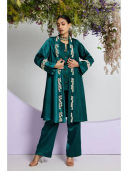 "Two Sisters" by Gyans - Women Teal Satin Embroidered Jacket with Tunic and Pant