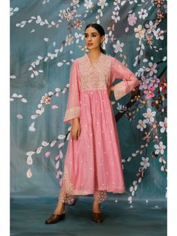 Label Niti Bothra - Pink Dori Embroidered Frock Style Kurta With Palazzo