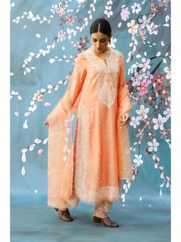 Label Niti Bothra - Peach Dori Embroidered Long Kurta With Palazzo And Dupatta