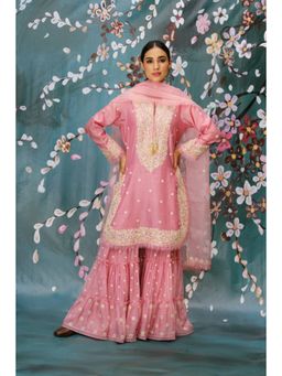 Label Niti Bothra - Pink Dori Embroidered Kurta With Sharara And Dupatta