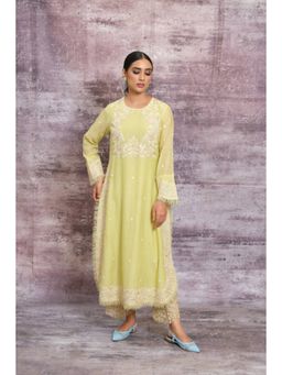 Label Niti Bothra - Green Dori Embroidered Yoke Long Kurta With Palazzo And Dupatta