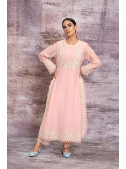 Label Niti Bothra - Pink Dori Embroidered Yoke Long Kurta With Palazzo And Dupatta