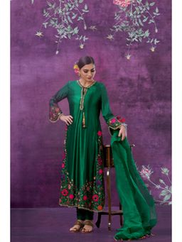 Label Niti Bothra - Green Floral Embroidered Long Kurta With Pant And Dupatta