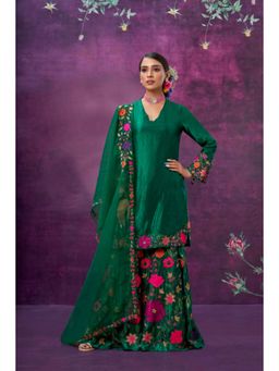 Label Niti Bothra - Green Floral Embroidered Kurta With Sharara And Dupatta