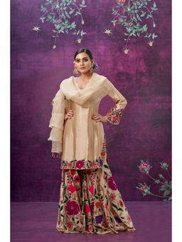 Label Niti Bothra - Beige Floral Embroidered Kurta With Sharara And Dupatta