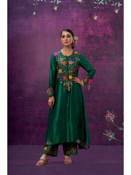 Label Niti Bothra - Green Floral Embroidered Yoke Kurta With Palazzo