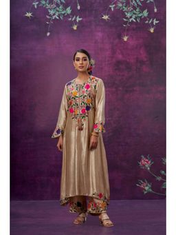 Label Niti Bothra - Beige Floral Embroidered Yoke Kurta With Palazzo