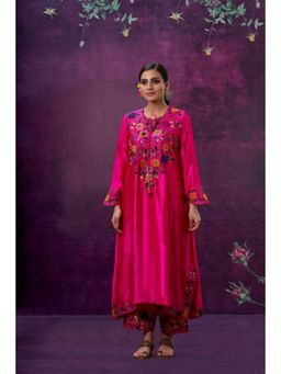 Label Niti Bothra - Pink Floral Embroidered Yoke Kurta With Palazzo