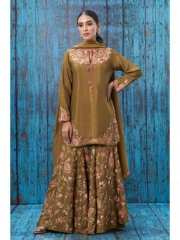 Label Niti Bothra - Olive Green Kairi Buta Jaal Kurta With Sharara And Dupatta