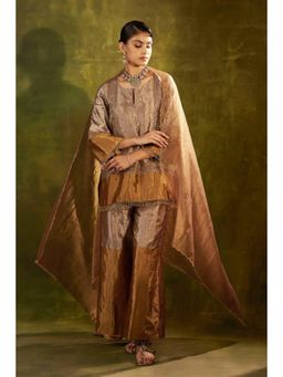"Two Sisters" by Gyans - Gold Tissue Color Block Round Neck Kurta With Palazzo And Dupatta
