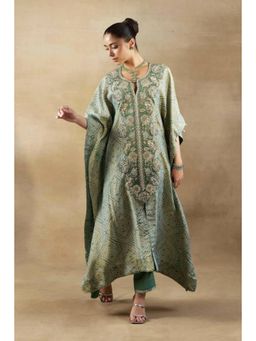 "Two Sisters" by Gyans - Green Tissue Embroidered Round Neck Kaftan Kurta And Pant