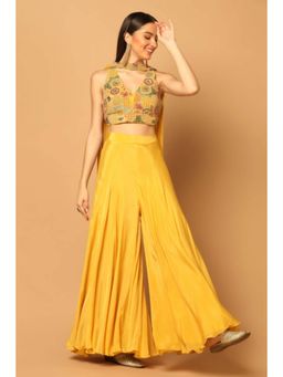 "Two Sisters" by Gyans - Yellow Crepe Embroidered V-Neck Blouse With Sharara And Dupatta