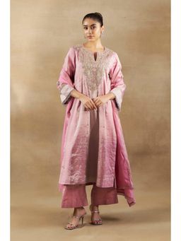 "Two Sisters" by Gyans - Pink Tissue Embroidered Round Neck Kurta With Palazzo And Dupatta