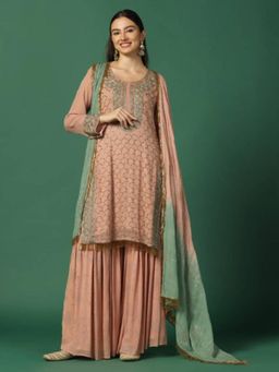 "Two Sisters" by Gyans - Women Peach Georgette Embroidered Kurti with Sharara and Dupatta