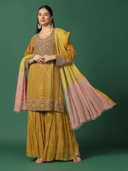 "Two Sisters" by Gyans - Women Yellow Georgette Floral Kurta with Sharara and Dupatta