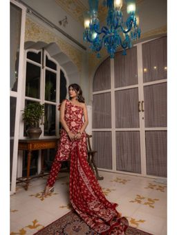 DEASHA INDIA - Red Cotton One Shoulder Floral Printed Kurta With Pant With Dupatta
