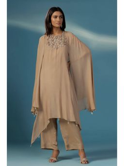 "Two Sisters" by Gyans - Golden Shimmer Georgette Cape Kurta Set With Nakshi And Zardozi