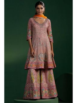 "Two Sisters" by Gyans - Pink Silk Embroidered V-Neck Kurta With Sharara And Dupatta