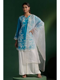 "Two Sisters" by Gyans - Blue Silk Embroidered V-Neck Kurta With Palazzo And Dupatta