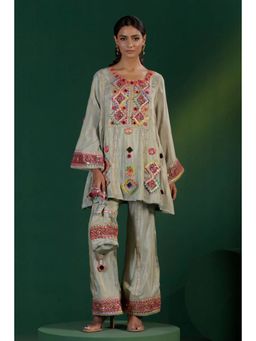 "Two Sisters" by Gyans - Grey Tissue Embroidered Round Neck Kurta And Pant