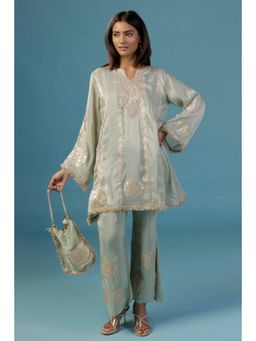 "Two Sisters" by Gyans - Pale Green Tissue Co-Ord Set With Golden Zari - Includes Potli Bag