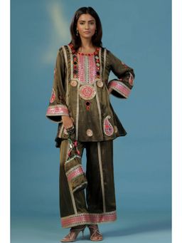 "Two Sisters" by Gyans - Green Tissue Embroidered Round Neck Kurta And Palazzo