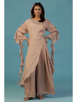 "Two Sisters" by Gyans - Gold Chinon Kurta Set With Hand Embellished Neckline