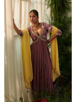 "Two Sisters" by Gyans - Purple Yellow Hand Embroidered Anarkali With Tasselled Dupatta