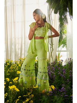 "Two Sisters" by Gyans - Green Georgette Embroidered Shoulder Straps Top With Sharara And Shrug