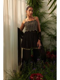 "Two Sisters" by Gyans - Black Chiffon Embroidered Kurta With Sharara And Dupatta