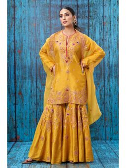 Label Niti Bothra - Mustard Kairi Buta Jaal Kurta With Sharara And Dupatta