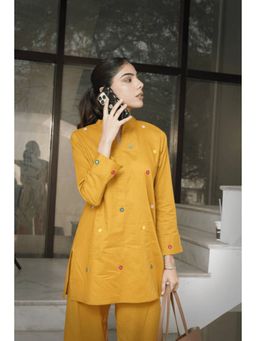 House of Surkh - Women Mustard Cotton Embroidered Kurti with Pant