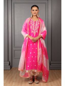 "Two Sisters" by Gyans - Pink Silk Embroidered Round Neck Kurta With Salwar And Dupatta