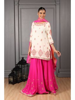 "Two Sisters" by Gyans - Off-White And Pink Embroidered Sharara Set